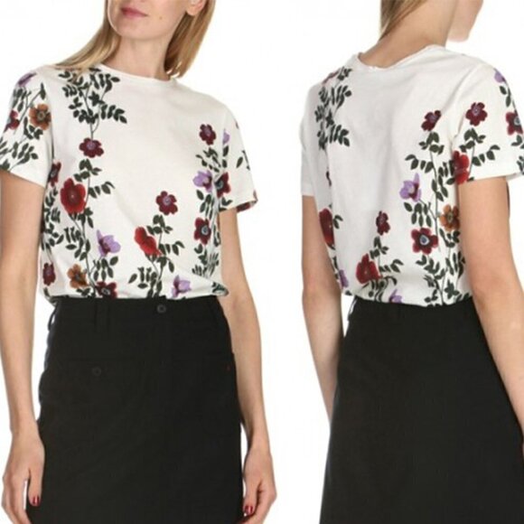 NWOT Sandro Floral Print Ivory 100% Cotton Short Sleeve Crew Tee Shirt Women's 6 - Picture 1 of 9